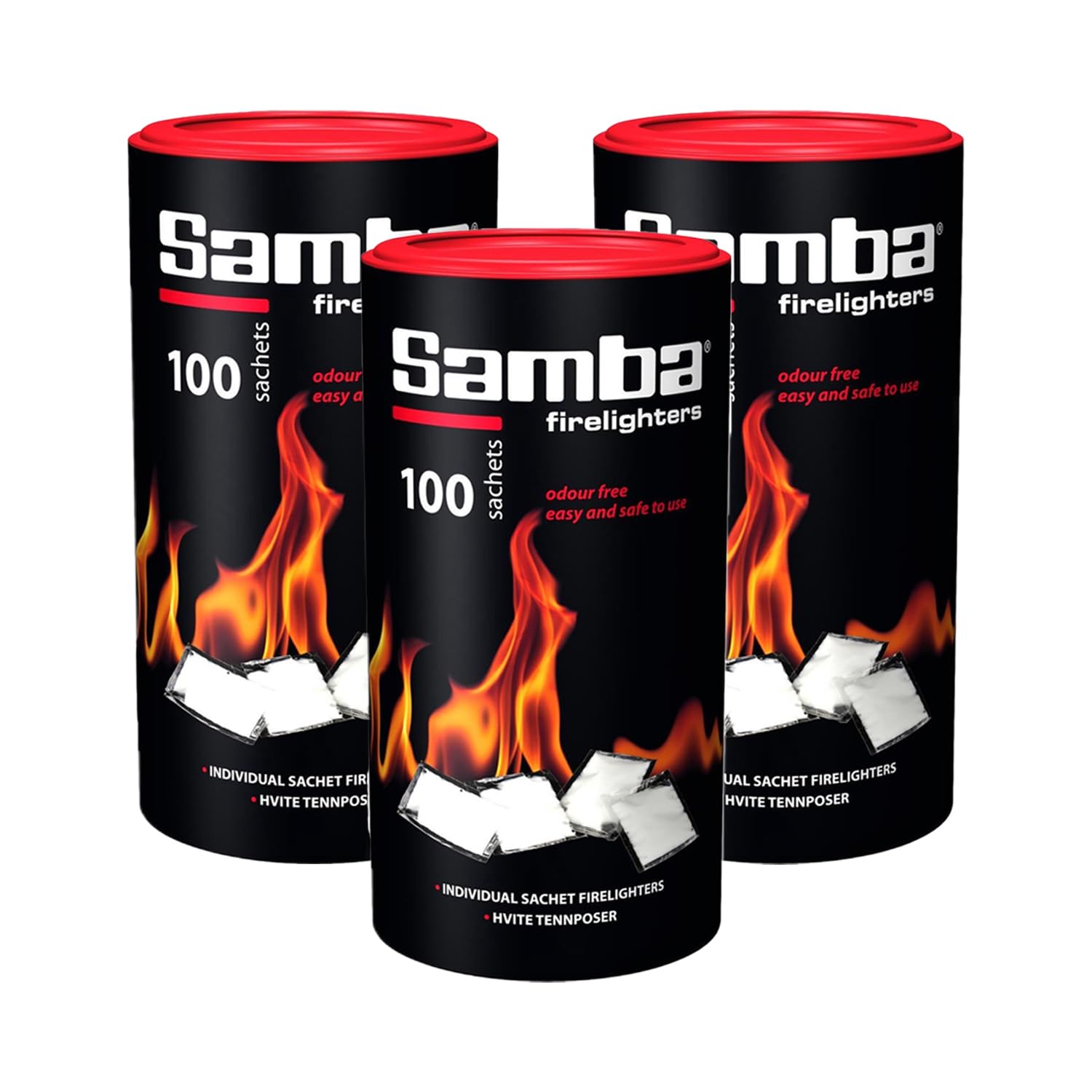 Warma White 300 Samba Firestarters Firelighters Sachets - Odourless Burning & Easy To Light - For Bbqs Barbecues Wood Burner Wood-Fired Ovens Stoves Fireplaces & Campfires - 3 Tubes