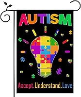 Vista 1 de Nepnuser Bandera de jardín de concienciación sobre el autismo, con luz de rompecabezas azul, con texto en inglés "Accept Understand Love
