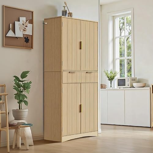Comparison: 8' Kitchen Pantry 9 Amada Fluted Pantry Cabinet, Versatile 72″ Tall Storage Cabinet with Adjustable Shelves, Kitchen Cabinet with Magnetic Doors & Anti-Tip Design(Natural Oak)