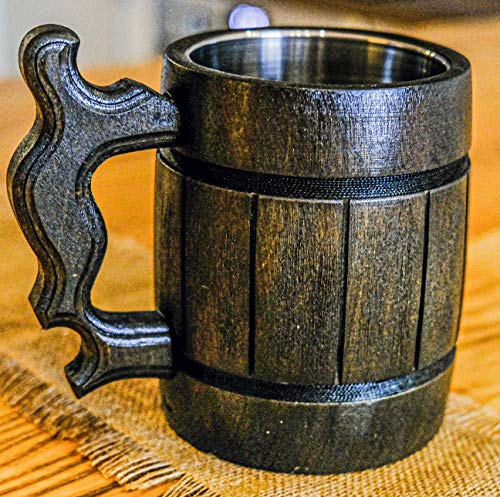 Handmade Wooden Rustic Beer Mug Real Oak Eco-friendly Wood Stainless Steel Cup 20 oz600ml Brown3 - Etno Motif Wood Viking Beer Mug Stein - Beer Tankard Irish Retro Halloween Mugs - Cowboys Beer Mug