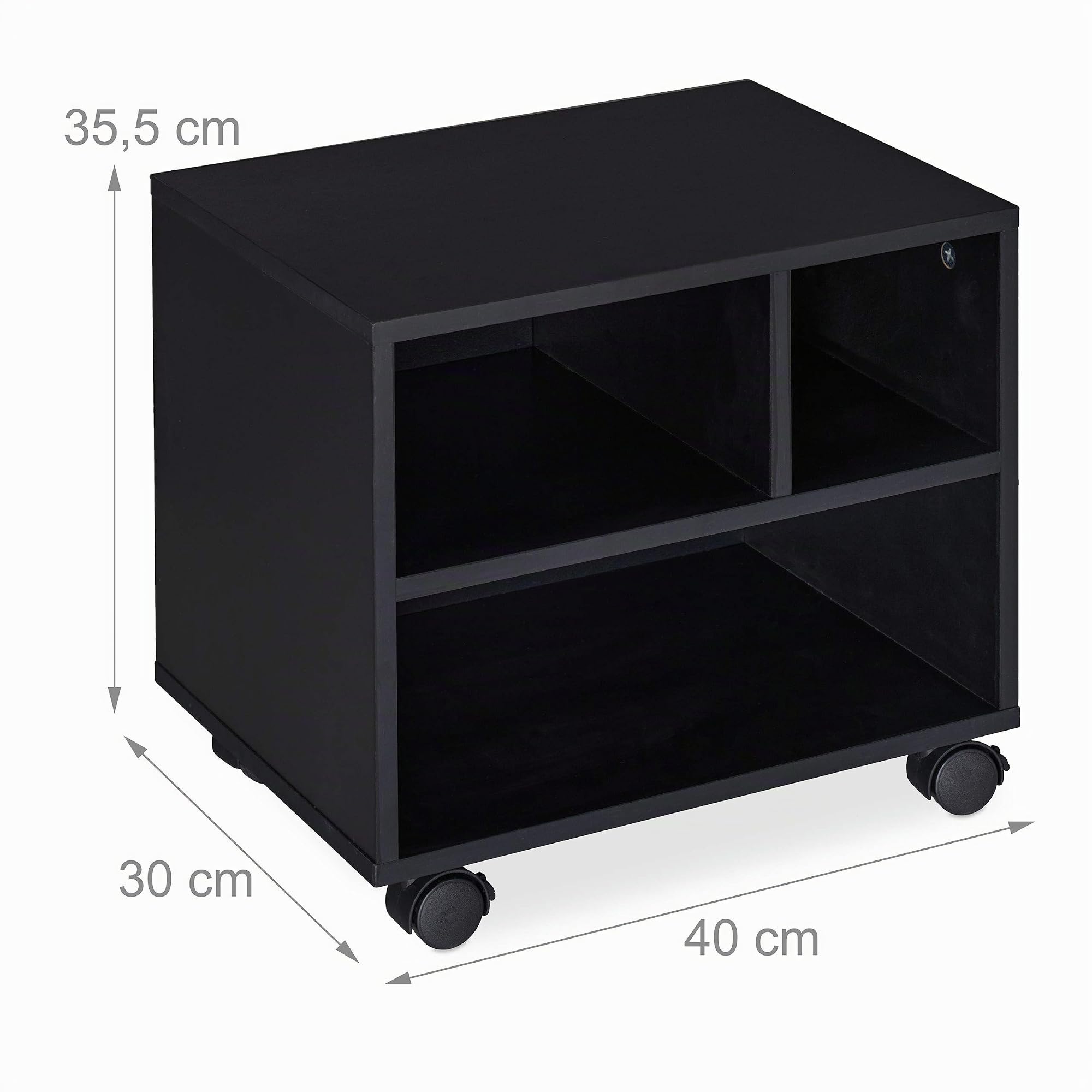 Relaxdays Mueble Auxiliar Impresora, 3 Compartimentos Abiertos, Oficina y Teletrabajo, Ruedas, 35,5 x 40 x 30 cm, Negro