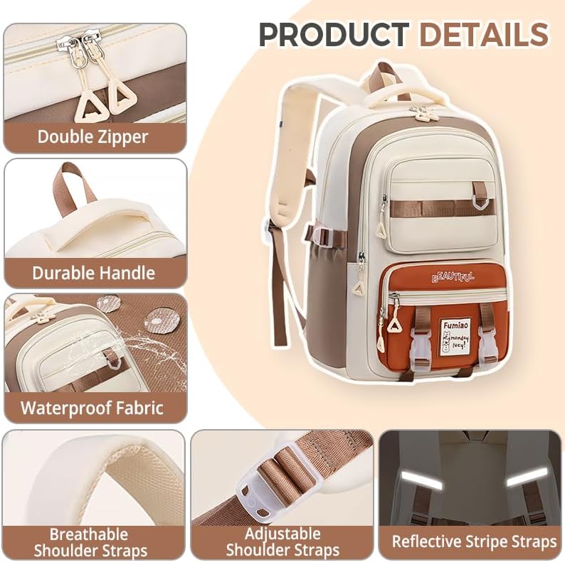 Miniatura 3 de Linda mochila estética para mujer, mochila universitaria para laptop, mochila kawaii preppy con múltiples bolsillos antirrobo, impermeable, mochila