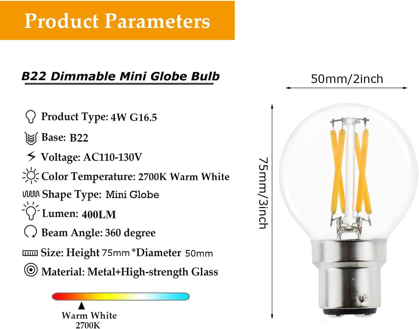 Dimmable 4W B22 G16.5 Vintage Bayonet LED Mini Globe Blub Warm White 2700K, 40W Halogen Replacement for Beside Lamp Ceiling Fan Pendant Lights Chandelier Fixture,400 lm 5-Pack