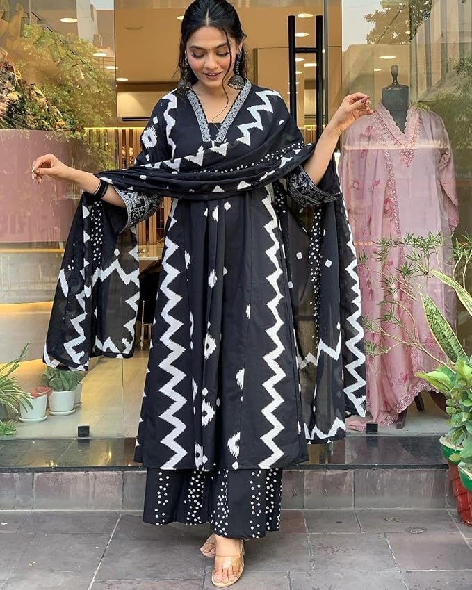 Image of Rangnavi Women's Cotton Anarkali Printed V-Neck Kurta with Palazzo & Dupatta | Ethnic Set | Dupatta Set | Suit Set |Kurta Set |