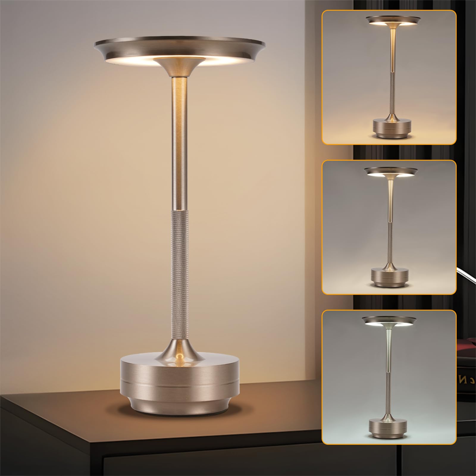 meoaow Nachttischlampe Kabellos Tischlampe Akku - LED Tischleuchte Touch Dimmbar Lampe mit USB Aufladbar Batterie Tischlampen Nickel für Modern Fensterbank Wohnzimmer Kinderzimmer Schlafzimmer