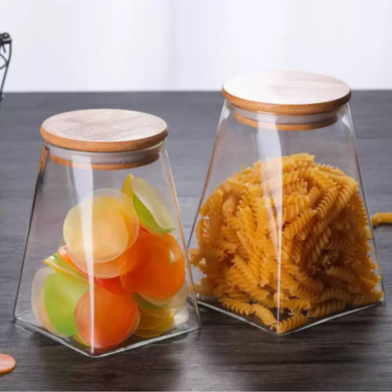 Zamknięte Pojemniki Zestaw Trapezowych Szklanych Słoików Z Bambusowymi Pokrywkami Do Domowego Blatu Przechowywania Zywności(3pcs,750ml)