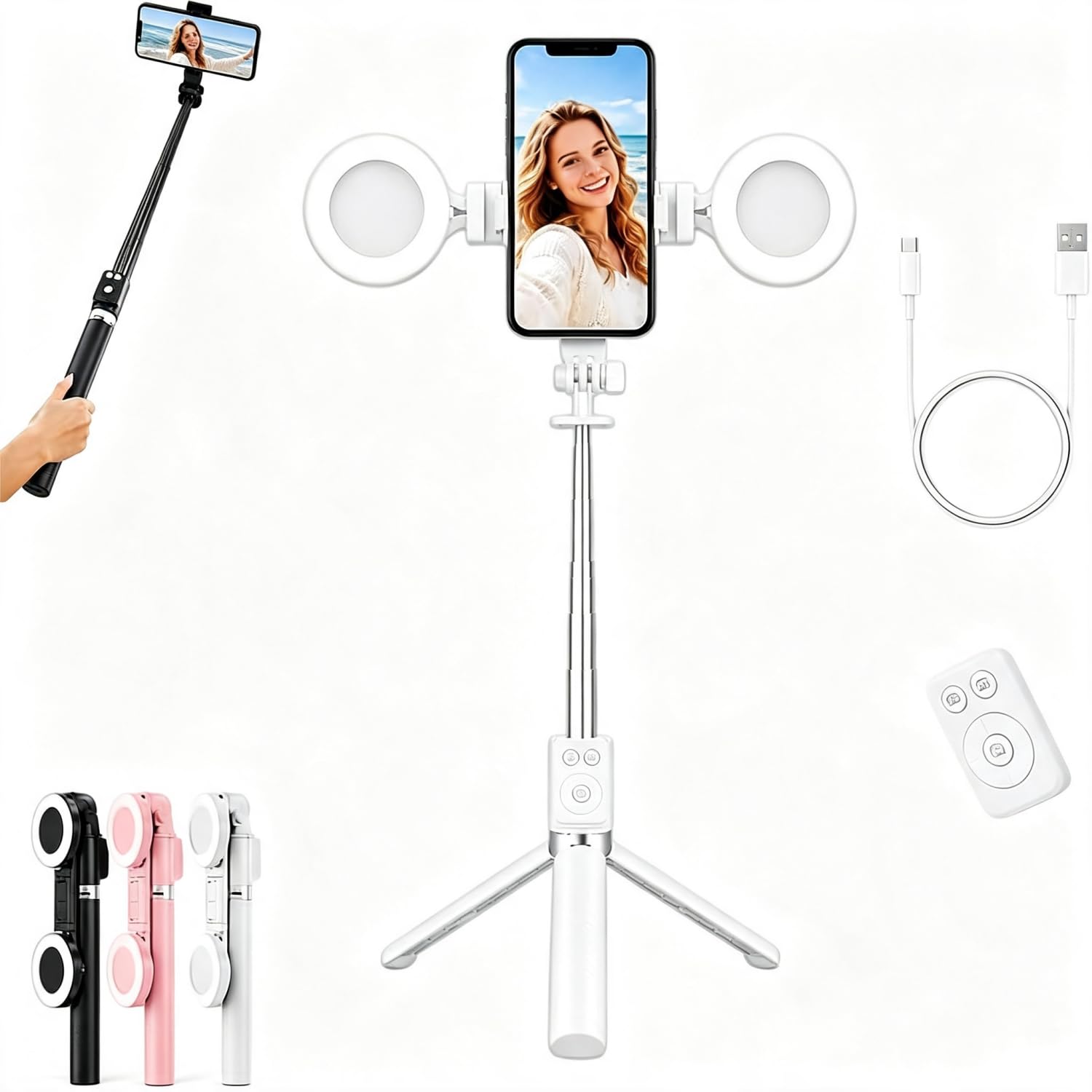 Bastone Selfie Con Luce, Bastone Per Selfie Con Treppiede, Tracciamento Automatico Del Volto E Telecomando, Connessione Wireless Bluetooth, Compatibile Con Diversi Modelli Di Dispositivi (Bianco)