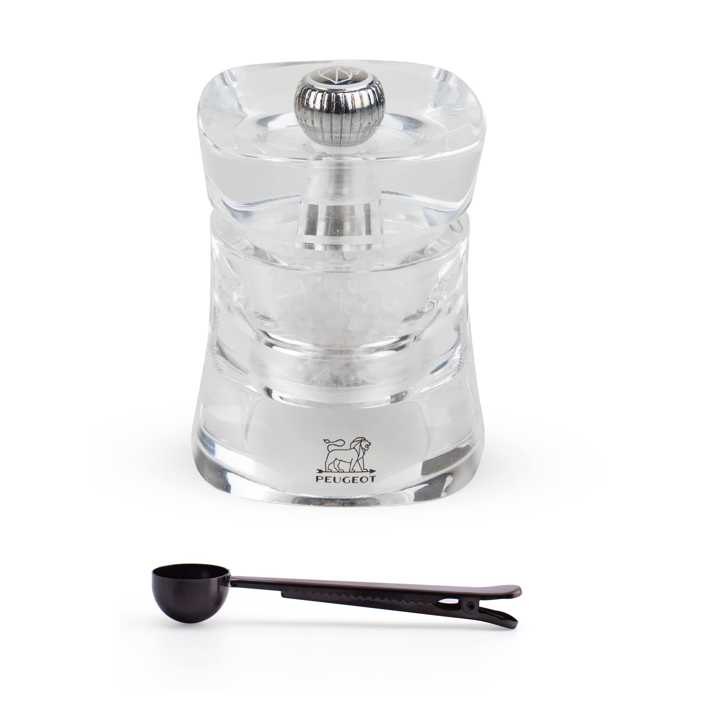 Peugeot Baltic Salt Mill Gift Set, Acrylic 3 Inch - With Stainless Steel Spice Scoop/Bag Clip