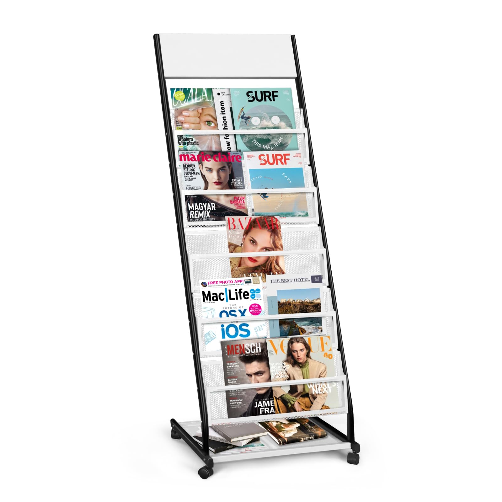 SUNDOY Revistero con ruedas – Soporte de pie para folletos y catálogos – Soporte para revistas con ruedas para oficina, ferias y hogar (5 capas, 47,5 cm de ancho)