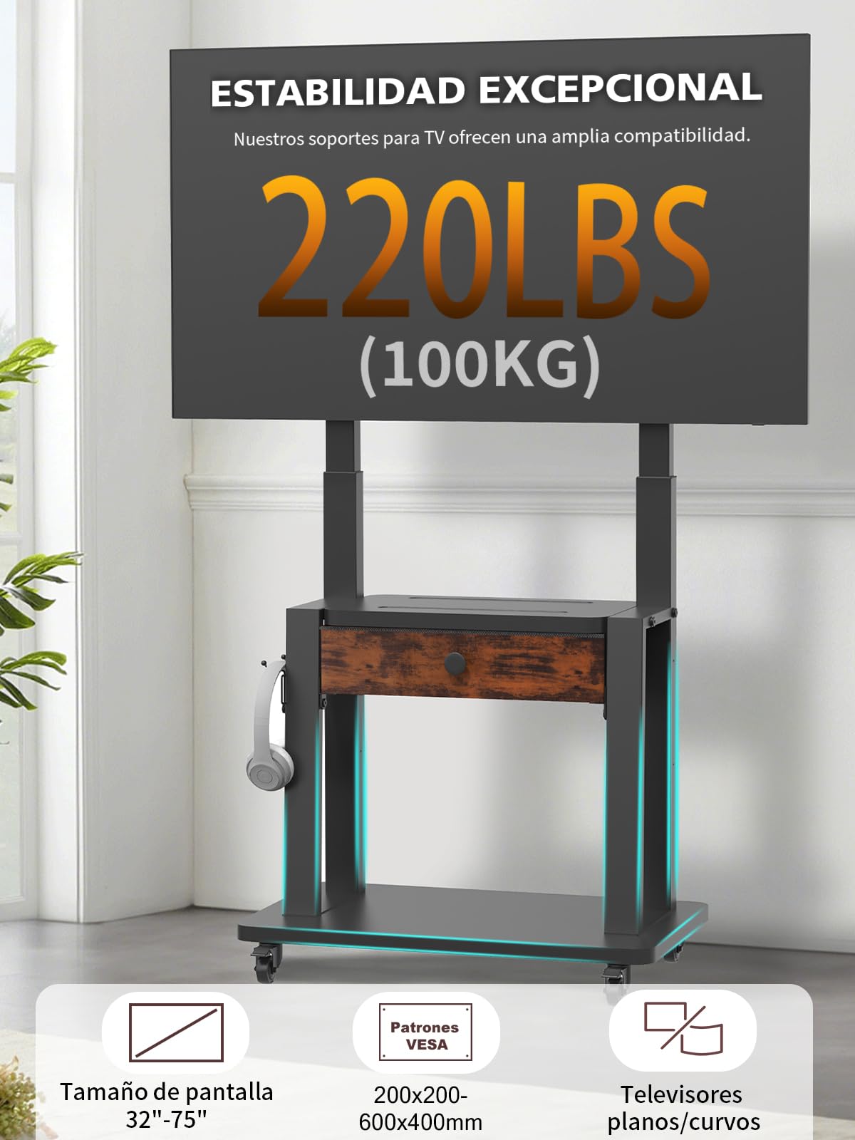 Soporte de TV enrollable con cajón de tela para pantallas planas/curvas de 32 a 75 Pulgadas, altura ajustable, LCD/LED/OLED con espacio de almacenamiento, carrito de TV móvil con ruedas de hasta 100kg