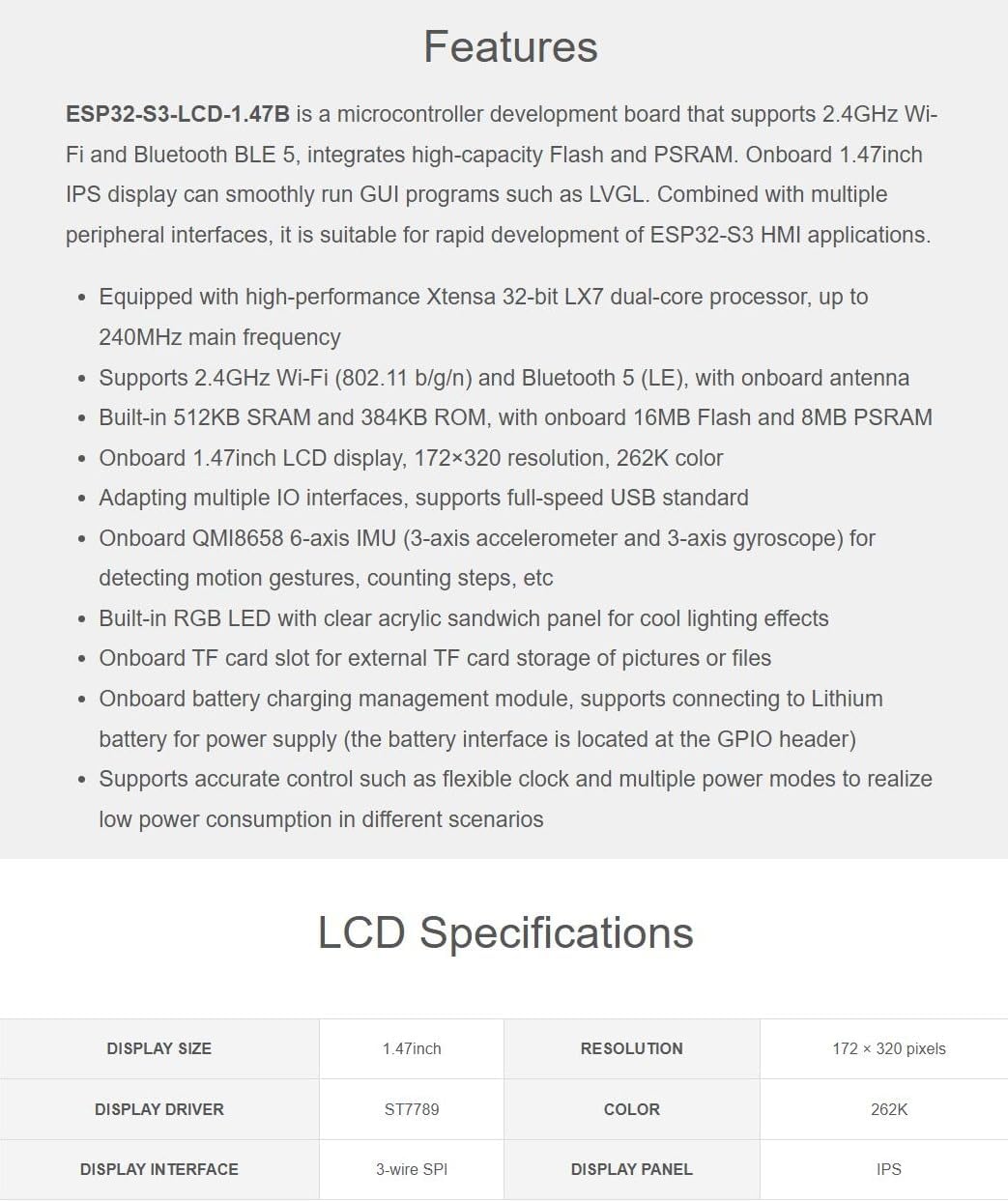 Detailed features list and LCD specifications for ESP32-S3-LCD-1.47B
