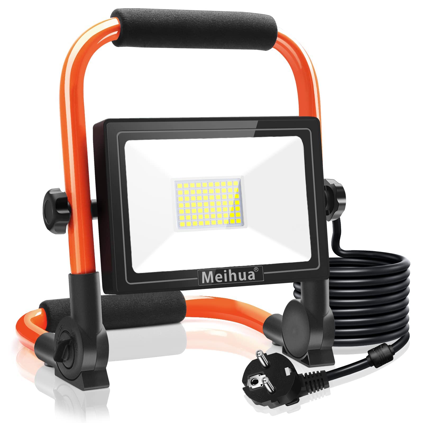 MEIHUA Reflektor budowlany LED 60 W, 5200 lm, 6500 K, IP66, wodoszczelny, przenośny reflektor budowlany 3,5 m, kabel 3,5 m, z wtyczką przełączającą, oświetlenie robocze do warsztatu, na plac budowy,