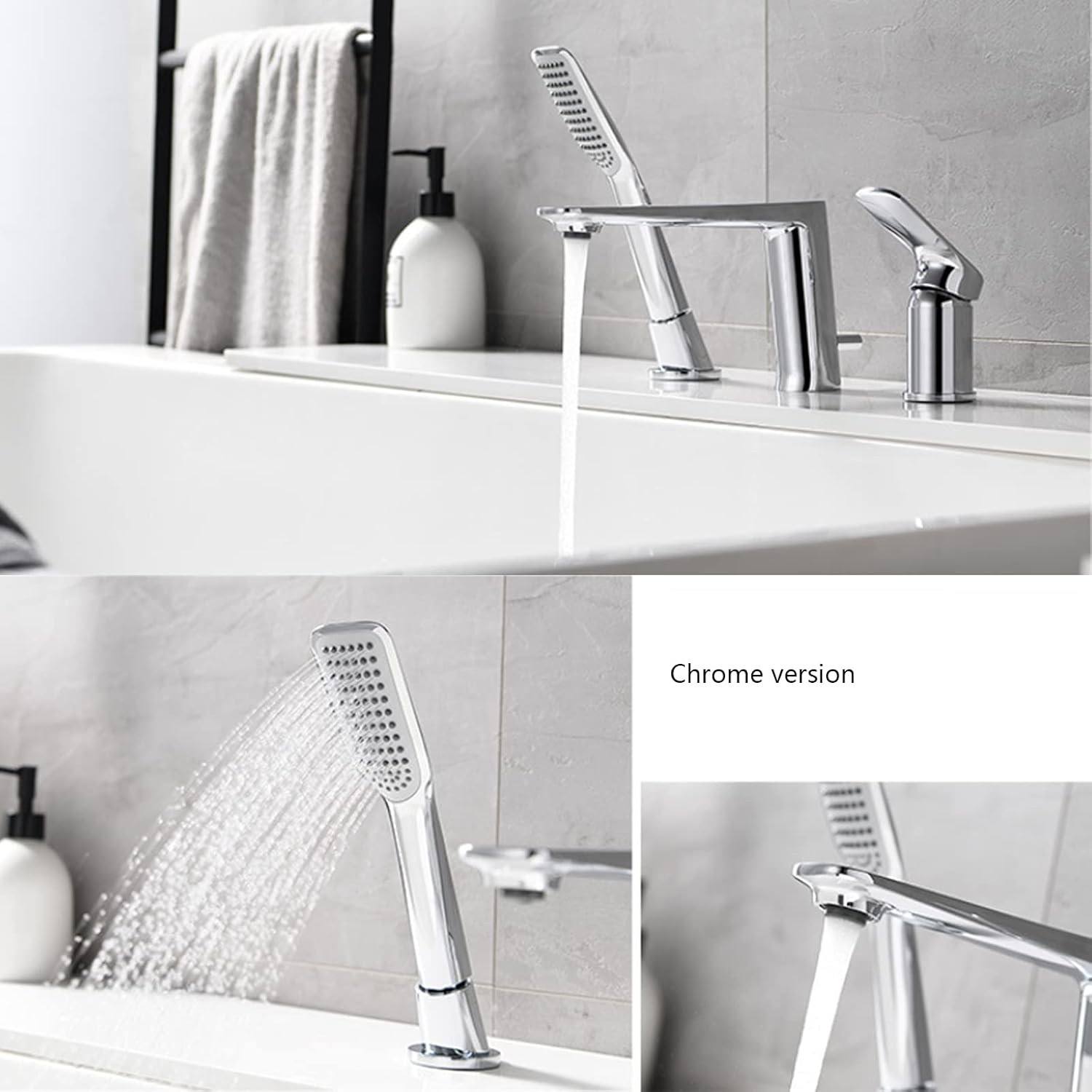 Split Bathtub Faucet, Three-Hole Basin Faucet, All Copper Hot and Cold Water Mixer Tap, Bathroom Tub Side Faucet Set with Portable Shower, Electroplating,B(B)