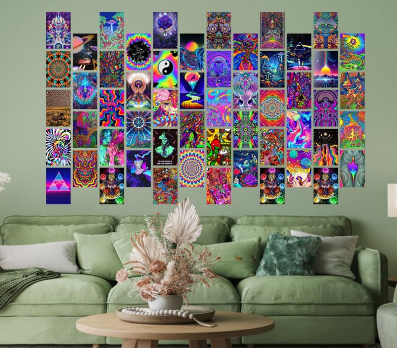 Image of Pack of 54 Psychedelic Wall Collage Kit Posters - 4 x 6 Inches Wall Decor Poster - Wall Art For Bedroom, Living room, Office - 1 Tissue Tape