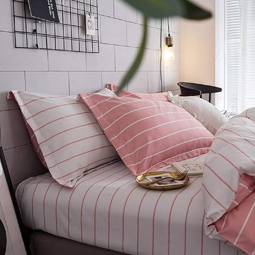 Miniatura 2 de Funda de edredón rosa tamaño Queen Girls White Stripe Decor Juego de ropa de cama, simple estilo de moda, colcha reversible de microfibra suave, 3