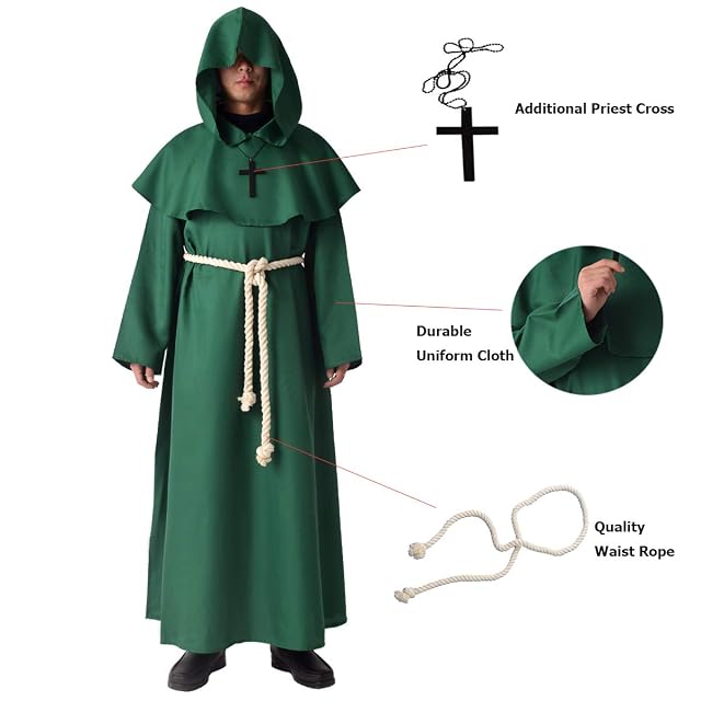 Foto 2 de 6 de BLESSUME Monje Disfraz Sacerdote Fraile Medieval Encapuchado Renacimiento Túnica (L, Verde)