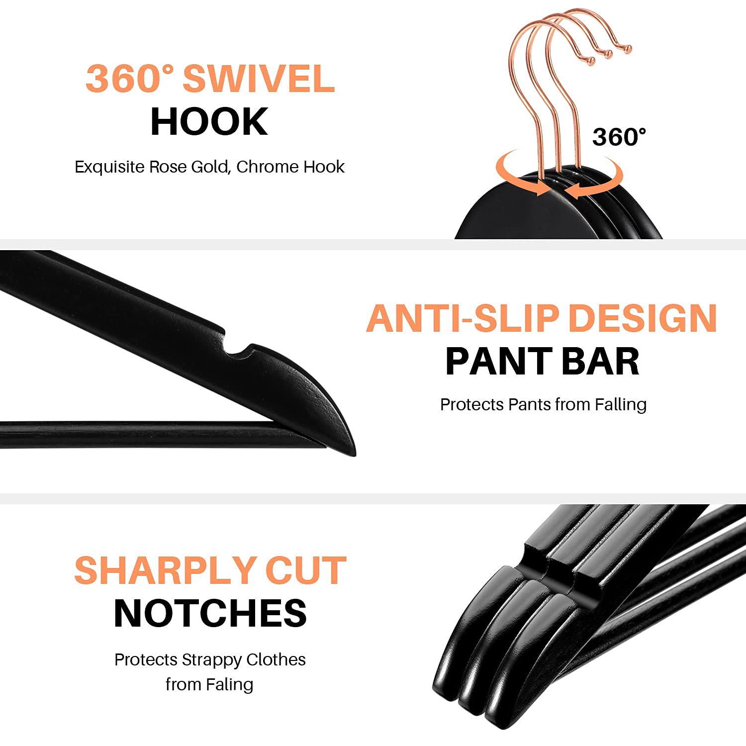 HOUSE DAY Zwarte Houten Hangers, 32 Stuks Stevige Kleerhangers, Sterke Uitvoering Voor Kleding, Mooie Look, Glad en Geen Ruwheid, Met 360° Roségouden Haak
