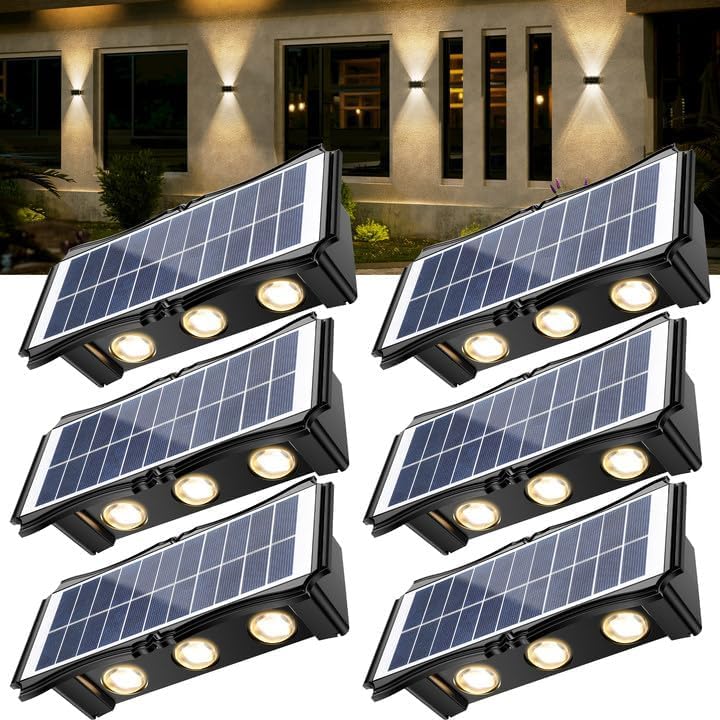 Miniatura 2 de Luces solares para exteriores, paquete de 6 luces de pared de 1500 mAh, luces de valla alimentadas por energía solar, IP65 para exteriores arriba y