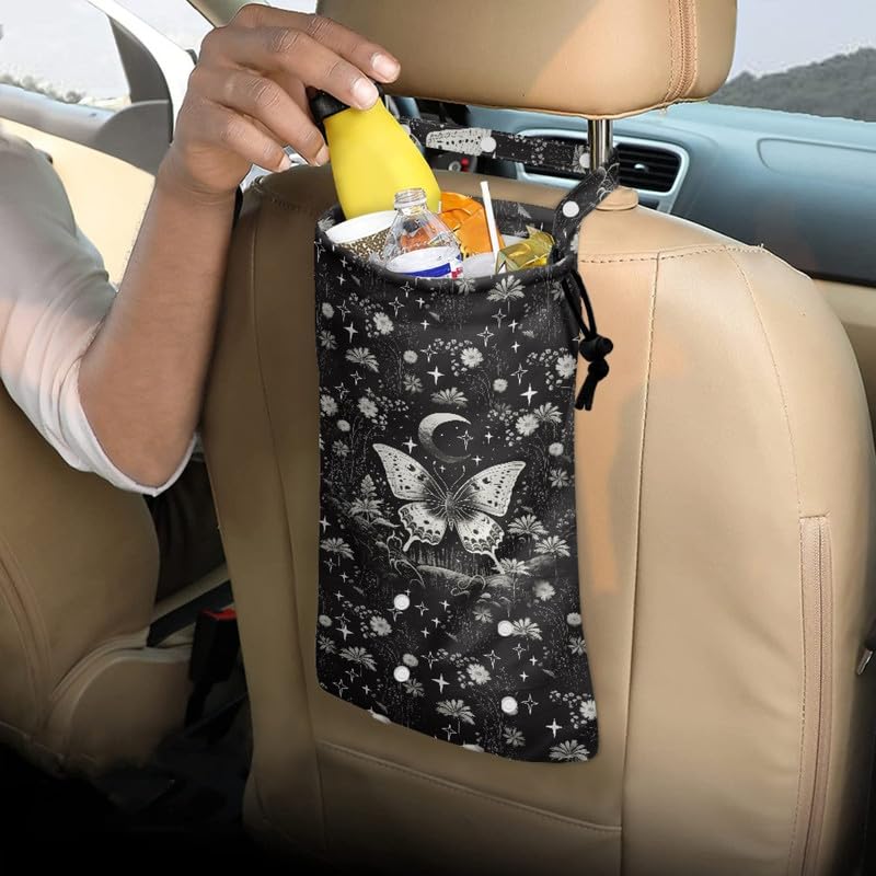 Image of Butterfly Car Trash Bag, Hippie Flower Multipurpose Garbage Bag for Auto Back Seat, Moon Daisy for Outdoor Traveling & Home Use