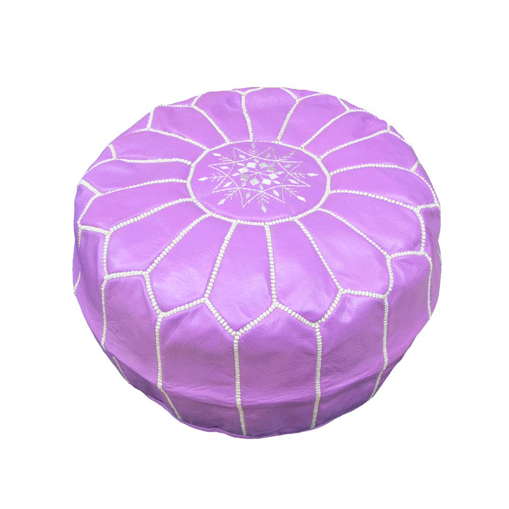 Pouf marocain en cuir véritable lilas cousu main pour salon chic