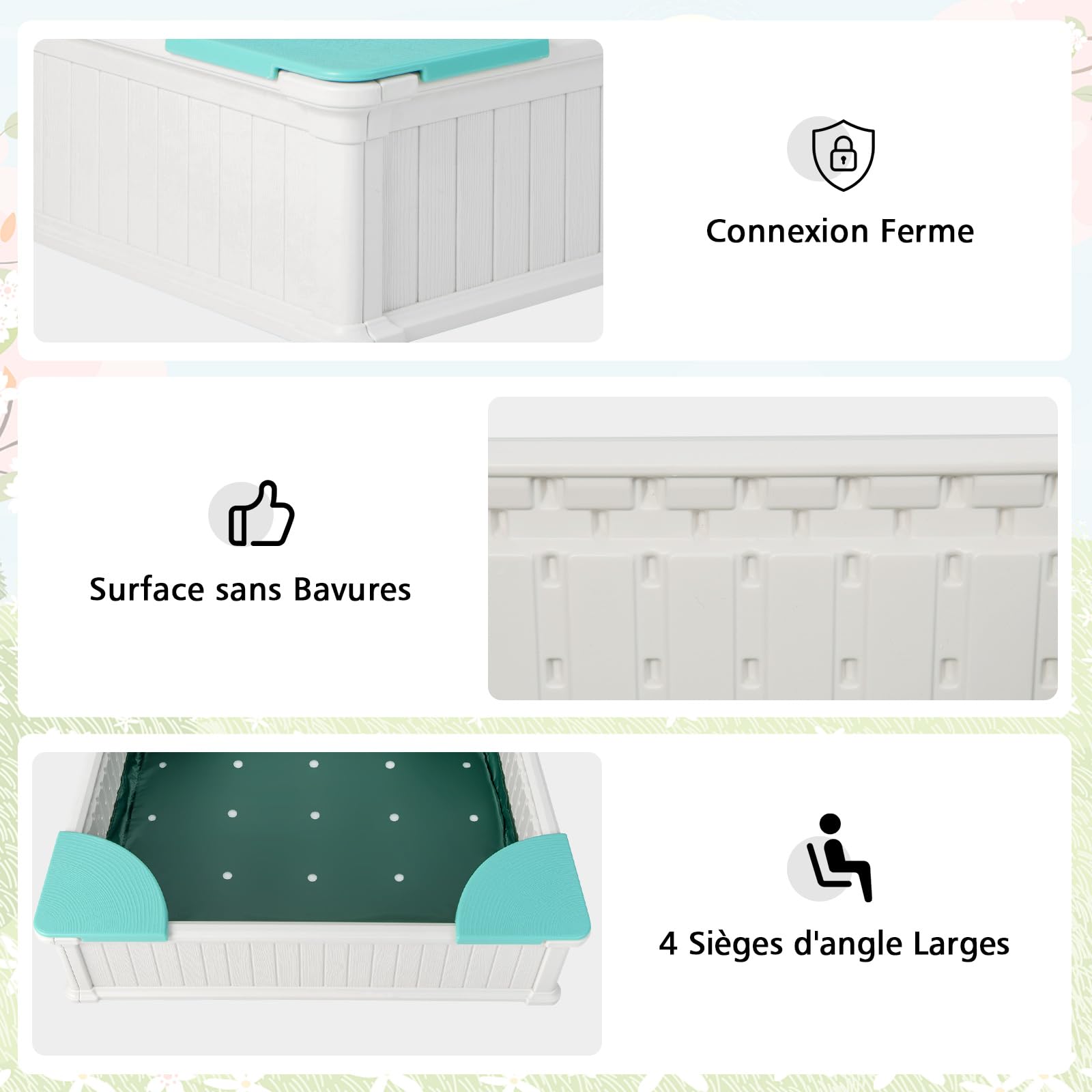 COSTWAY Bac à Sable Enfant Extérieur en HDPE avec 4 Bancs, Bac à Sable avec Couvercle en Tissu et Doublure, Charge 50kg de Chaque Banc, Jeux Extérieur pour Jardin Terrasse Cour, 3 Ans+ (Blanc)