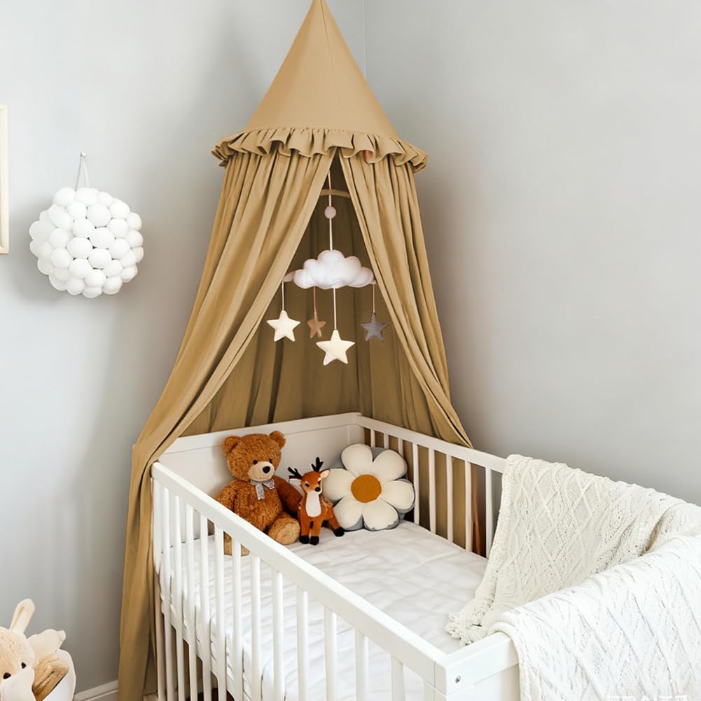 HOTUT Baldacchino per Letto Bambini con Volant,Tenda Sospesa per Culla,Tenda Zanzariera Cupola Rotonda Baldacchino per Decorazione Lettino Culla Bambini Cameretta Camera da Letto Lettura(Torrone)