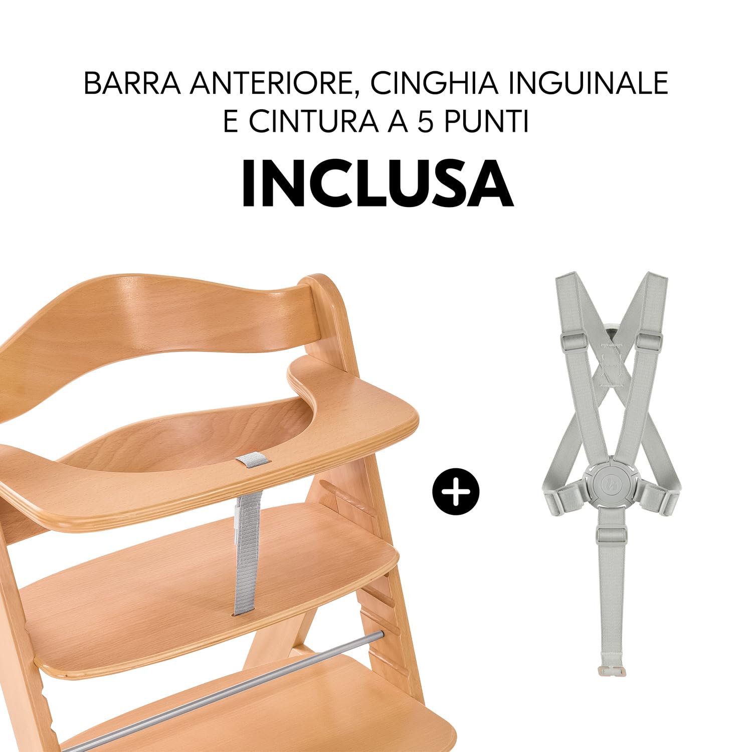 hauck Seggiolone Pappa in Legno Alpha+ - Seggiolone Evolutivo da 6 mesi fino a 90 kg - Sedia Evolutiva con Barra Frontale, Cintura Inguinale e a 5 Punti - Legno Certificato FSC® - Naturale