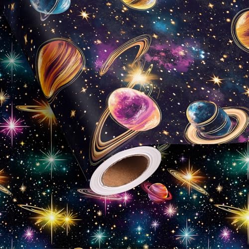 Vnaaem Rainbow Galaxy Wrapping Paper Roll - Reversible Rainbow Galaxy Solar System Planet Night Sky Design Gift Wrap for Holiday Birthday White Elephant Party (Total 28.5 sq.ft)