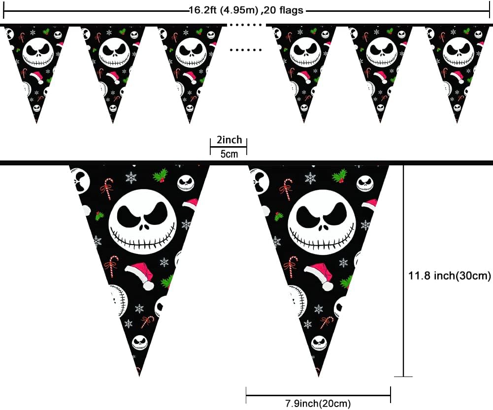 Jack Skellington Triangle String Bunting Banner for Christmas & Halloween Decorations - Nightmare Before Christmas Flags & Pennants - Indoor/Outdoor Garden Decors