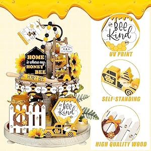 Wesiti 20 Pcs Summer Tiered Tray Decor Set Honey Bee Decorations Gnome Wooden Signs Yellow Truck Honey Table Top Decor Spring Summer Farmhouse Tabletop Signs for Party Home Kitchen Table Holiday
