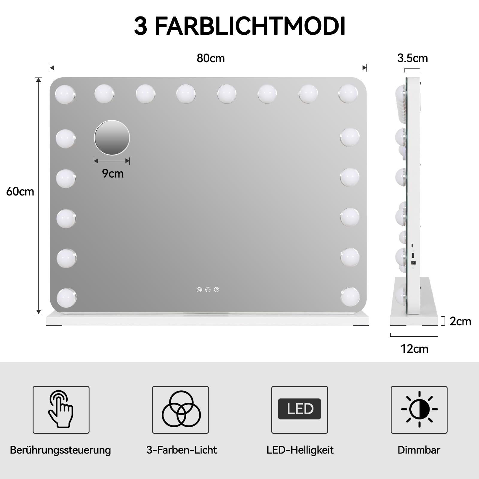YU YUSING Hollywood Schminkspiegel mit Beleuchtung, 80x60cm 18 LED-Licht Kosmetikspiegel 3 Modi, Vanity Spiegel Tischspiegel Wandspiegel mit USB 10X Vergrößerung für Schlafzimmer Schminktisch, Weiß
