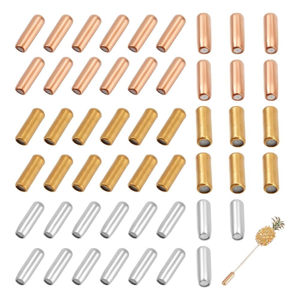 NBEADS 60 Pcs 3 Colors Brass Pin, Backs Lapel Stick Pin End Cap Metal Brooch Pin Stick Backing Lapel Pin End Cap with Rubber Inside Brooch Pins Stopper for Jewelry DIY Accessories, 11.5x3.5mm