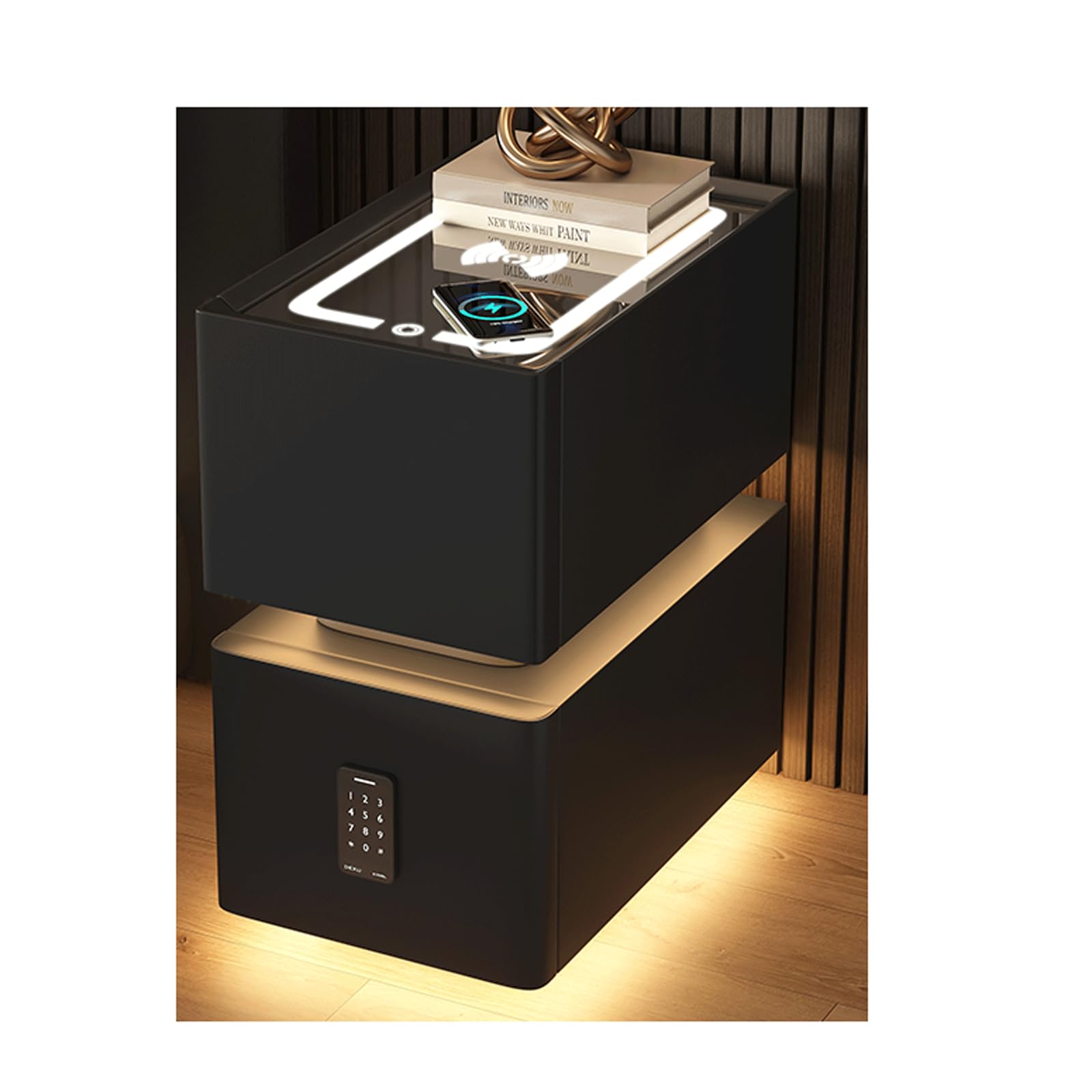 Mini armoire de chevet pré-assemblée en bois avec chargeur et éclairage LED