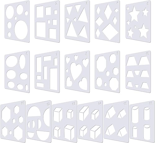 Outus 16 plantillas de dibujo para niños, forma básica, plantilla de dibujo de plástico, forma geométrica, reutilizable, pintura para niños, niñas,