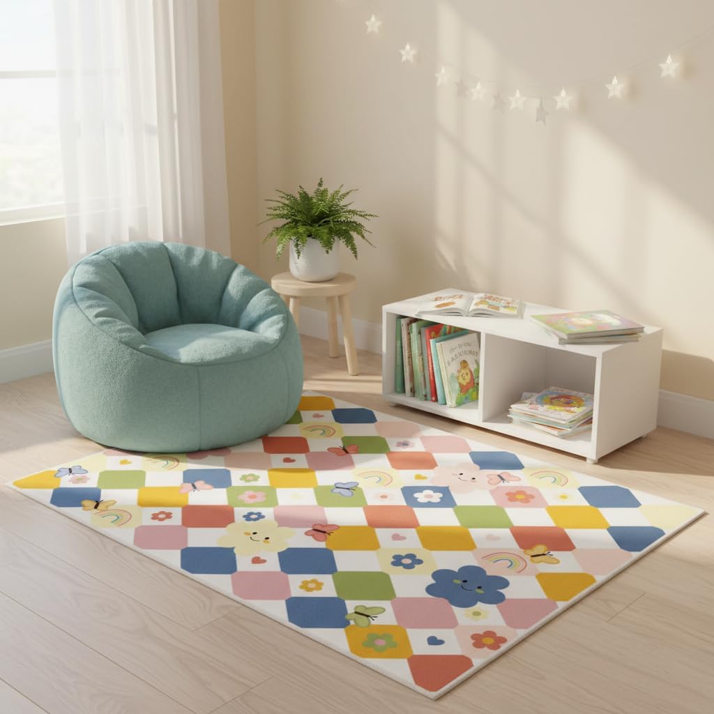 CCoutueChen Kids Playroom Area Rug, 3x5 Colorful Rainbow Butterfly Rug, Machine Washable, Non-Slip, Low Pile, Suitable for Nursery Entrance Kitchen Bathroom Laundry Room