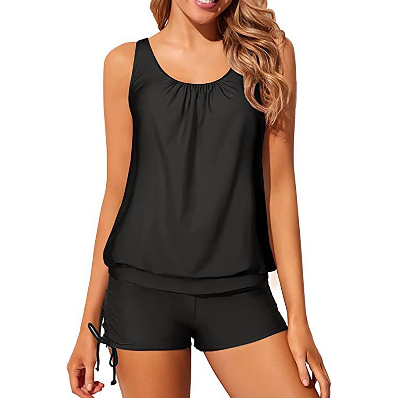 Women's Swimwear High Neckline Underwire Bra Tankini Sleeveless Bathing Suit Top with Boyshorts