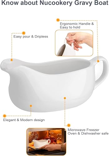 Miniatura 3 de Nucookery - Salsera grande de 14onzas con asa ergonómica - Salsera blanca de porcelana fina con pico antigoteo para gravy, salsa caliente, aliño de