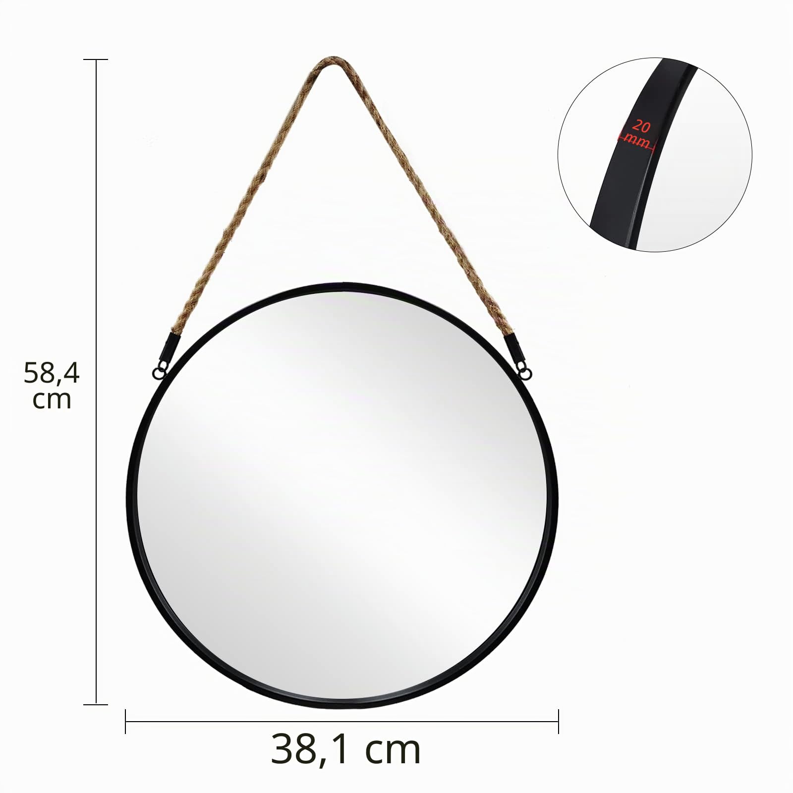 POZINO Miroir rond noir à suspendre, miroir en corde circulaire, miroir de ferme de 38,1 cm avec corde de suspension pour salle de bain, chambre à coucher, salon, entrée, décoration d'intérieur
