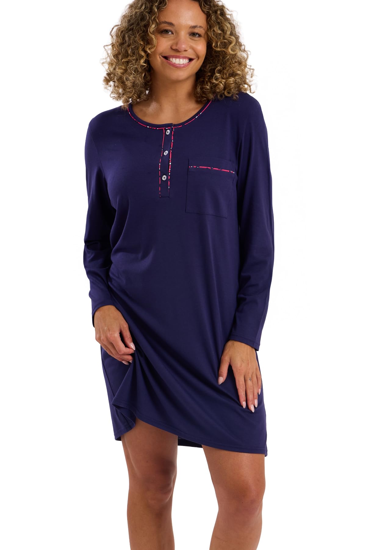 Indigo Sky Women's Jade Soft Jersey Loungewear Nightshirt – Comfy Knitted Long Sleeve Nightdress with Button Neckline & Fun Print Trim, Cosy Winter Nightwear, Navy, 12-14