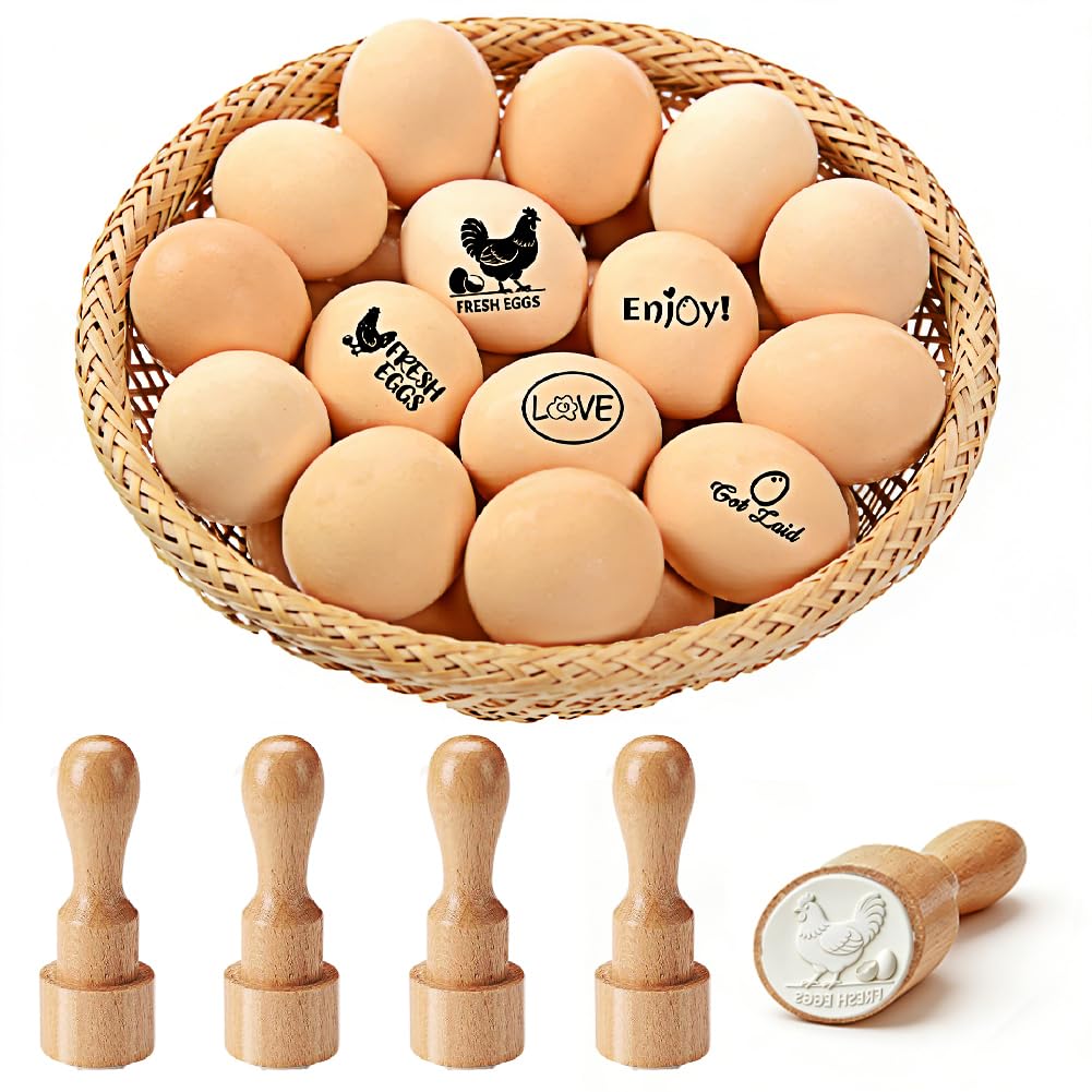 PRESSINART 5Pcs 5 Styles Fresh Chicken Egg Stamp 0.63 Inch, Cute Wooden Rubber Stamps Mini Decorative Label Carton Stamper for Egg Farmers Owners Homesteaders Farmhouse Craft Supplies(No Ink Include)