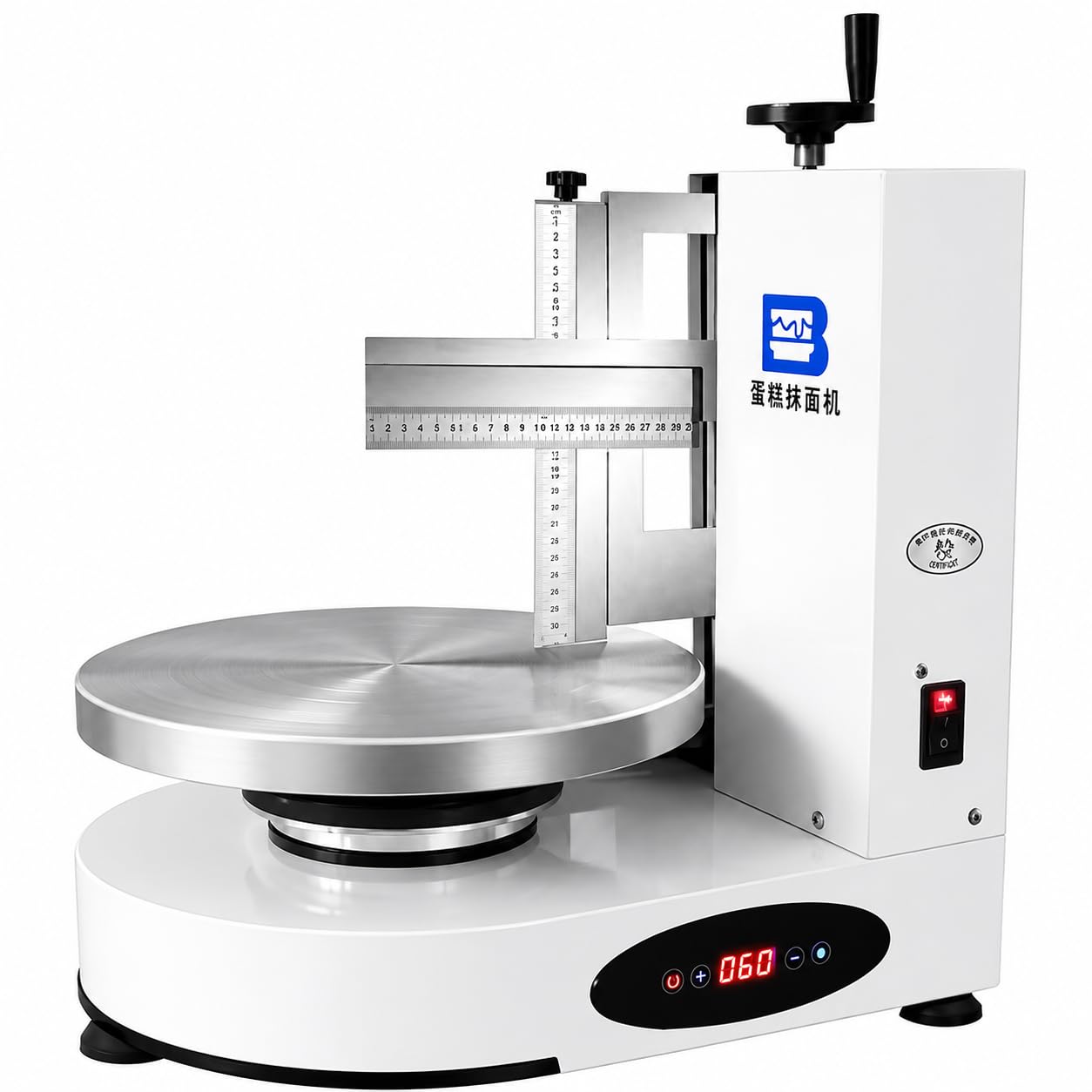 Plateau tournant électrique de 35 cm avec rotation automatique – Grattoir réglable pour gâteaux de 10 à 30,5 cm, lisseur de glaçage et épandeur de glaçage (blanc)