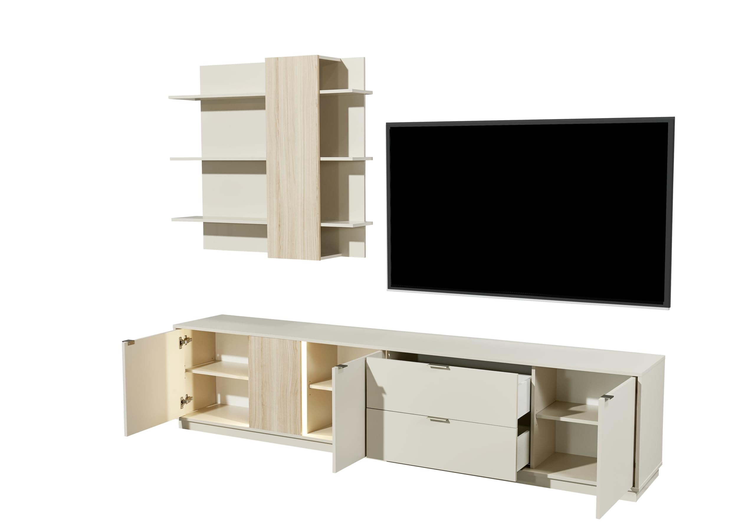 AVANTI TRENDSTORE - Ciampino - Parete da soggiorno in laminato cashmere/riva oak, composta da un mobile Tv, scaffale a parete e illuminazione a LED. Dimensioni ca. LAP 238x202x40 cm