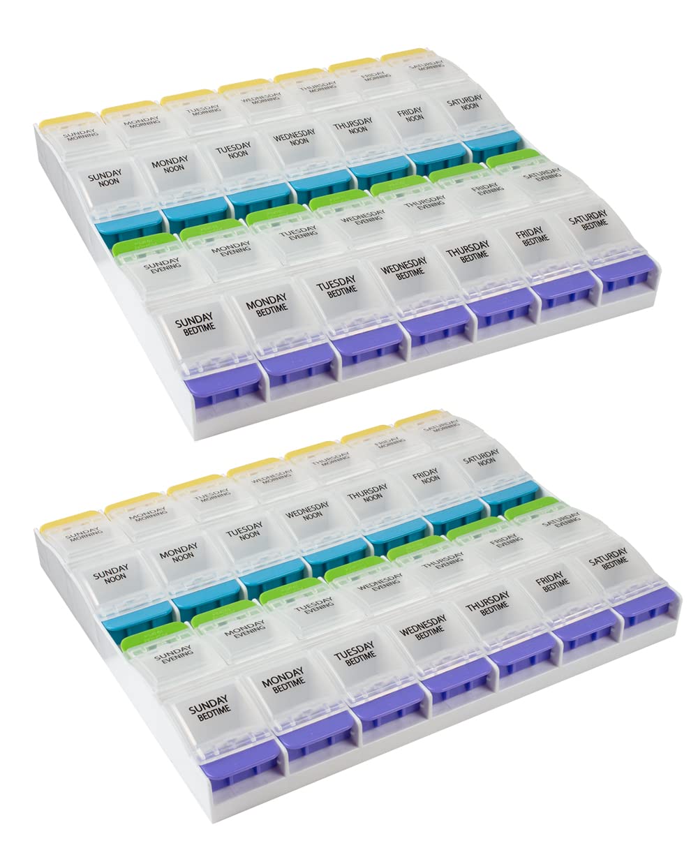 Ezy Dose 7-Day Pill, Medicine, Vitamin Organizer Case 2 Pack | Weekly, 4 Times a Day | Arthritis Friendly Push Button Open | Large Compartments with