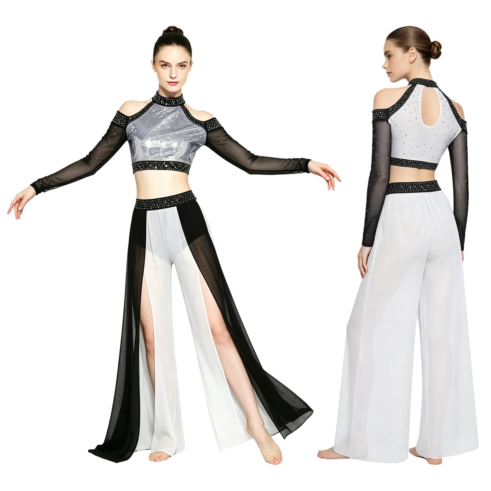 iEFiEL Donna Abbigliamento da Ballo Lirico A Due Pezzi Truccoletti con Sequine + Pantaloni Largo Pantalone Fenduti Completo Danza del Ventre
