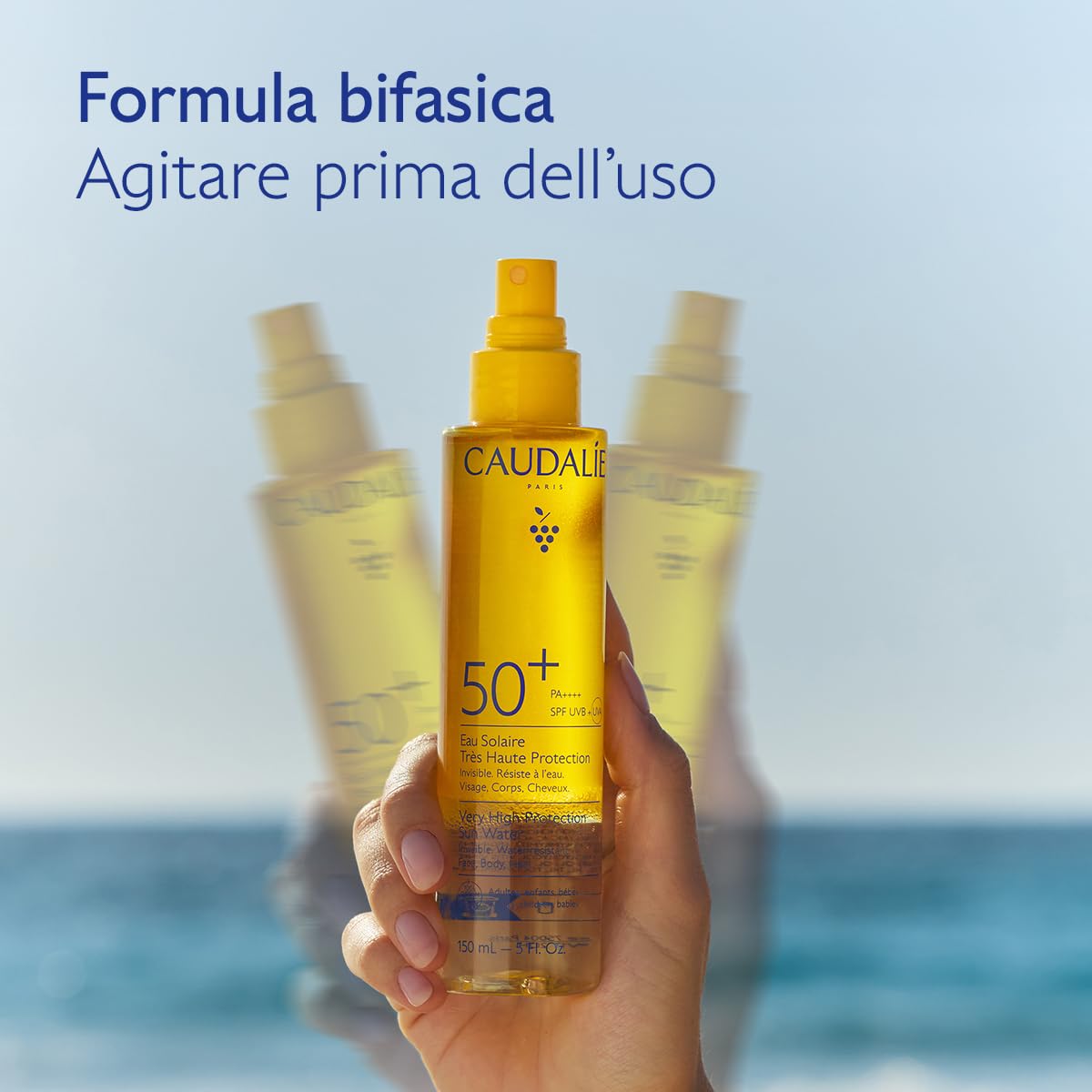 Caudalie Acqua Solare ad Altissima Protezione SPF50+ – CollagenSkinProtect™, Filtri Solari Organici, Viso Corpo e Capelli, Resistente all'Acqua, Vegano, PA++++, 150 mL