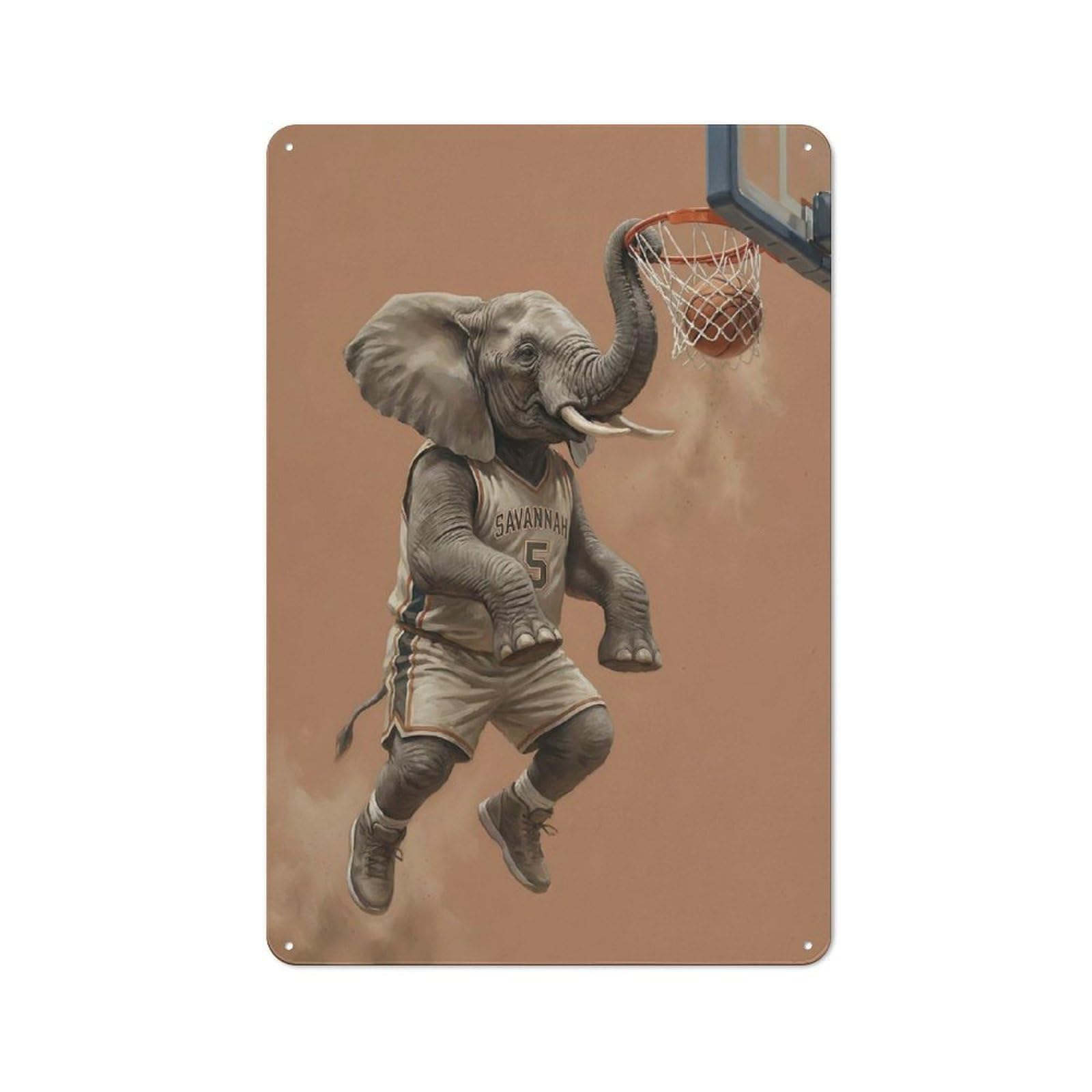 Junmoney Style-18 Elephant Basketball Player Dunking Warehouse Style Metal Wall Decor 30X20cm, Tin Wall Sign For Modern Home, Workshop, Office Or Cafe