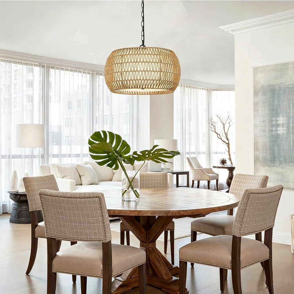 Bohemian Geflochtene Rattan-Trommel-Hängeleuchte Natürliche Weiden Hängelampe Mit Schwarzer Kette Modern Landhausstil Käfig Deckenleuchte Für Esszimmer Kücheninsel Schlafzimmer
