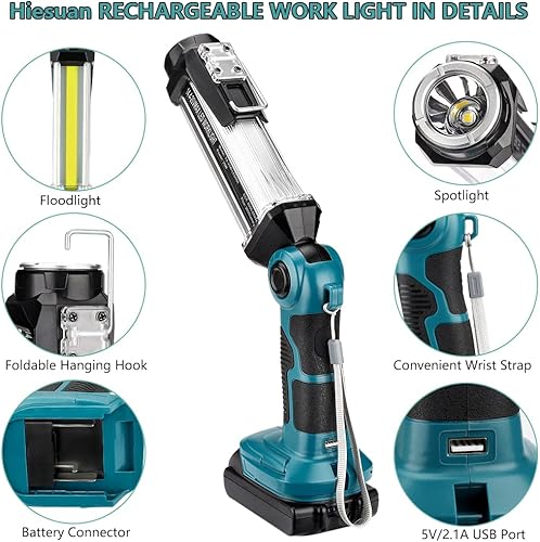 Miniatura 5 de Luz de trabajo LED inalámbrica para Makita batería de iones de litio de 18 V Hiesuan 35 W 2000 lúmenes linterna portátil para acampar con gancho