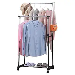 Cabideiro De Roupas Arara Organizador Duplo Móvel Regulável com Roda Sapateira