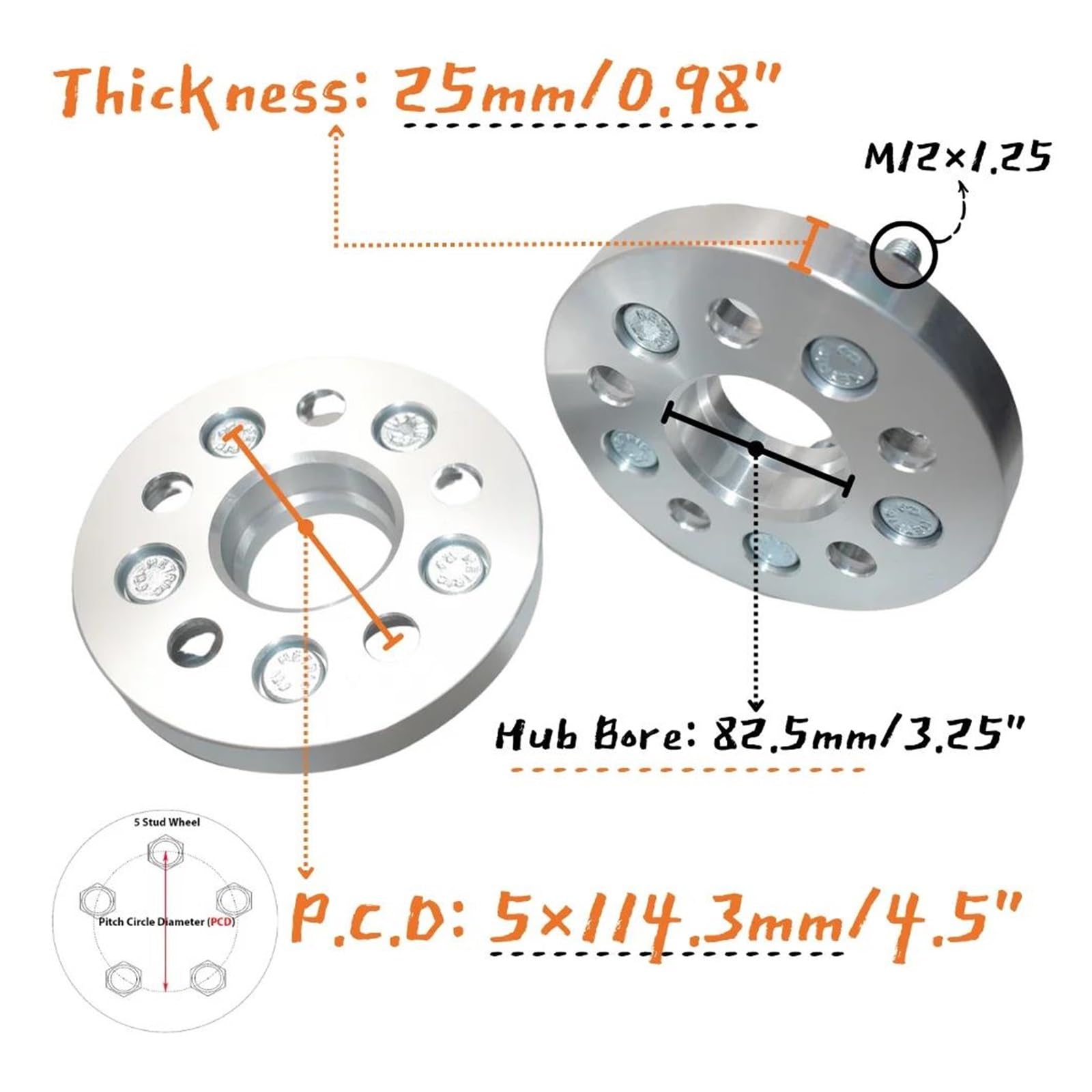 Auto Distanziali Ruote 2 Pz 25mm PCD 5X114.3 Foro Del Mozzo 82.5MM M12X1.25 Per Ford Per Mustang Per Ranger Per Explorer 5 Lug Distanziali Ruota Auto Distanziale Ruota